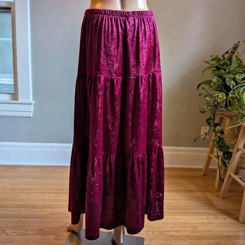 Vintage 90s Teddi Velvet Midi Skirt Tiered Prairie Whimsigoth Autumn Size M